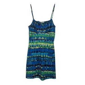 Y2K Babydoll Dress XS Blue Green Tie Dye Spaghetti Strap Beach Bow Short Vtg